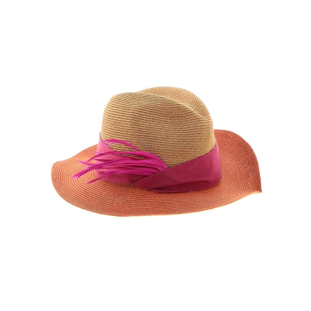 Eugenia Kim Hemp Fedora Hat Peach Pink Feathers